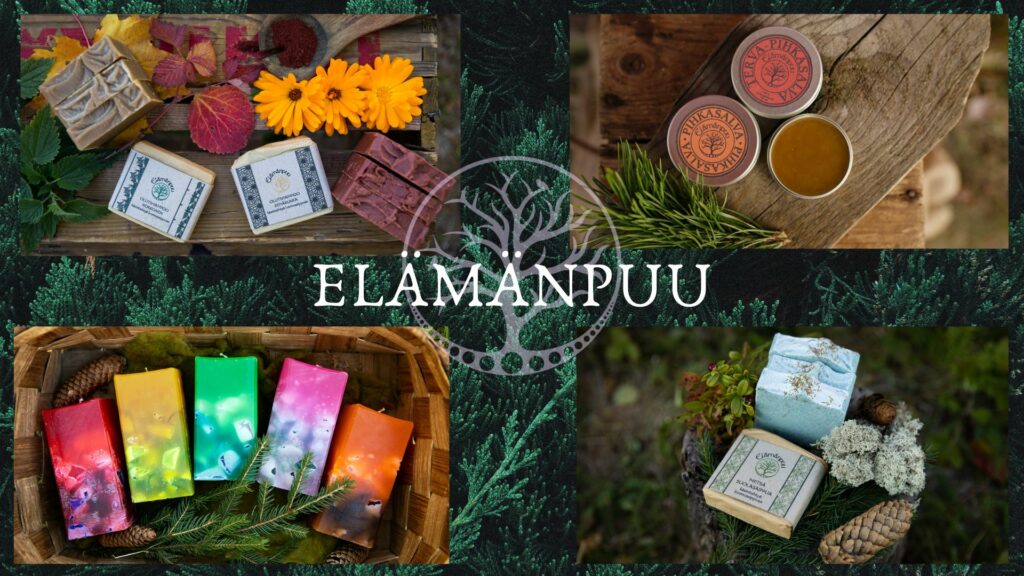 Colorful candles, handcrafted bar soaps, and salves made by Elämänpuu.