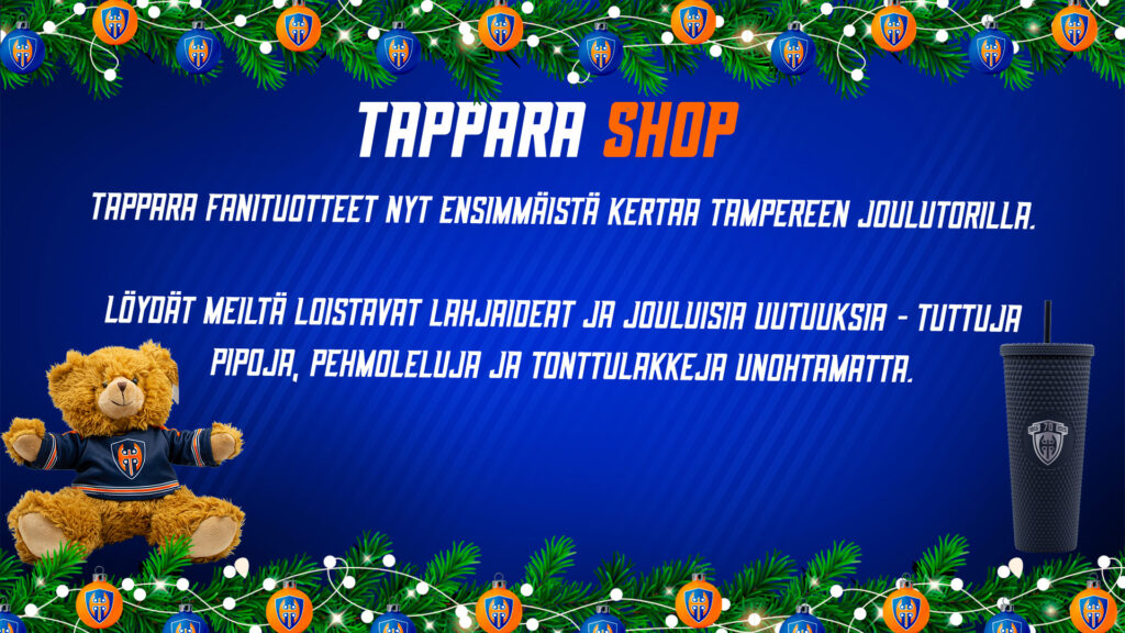 Tappara fan items – a drinking mug and a teddy bear.
