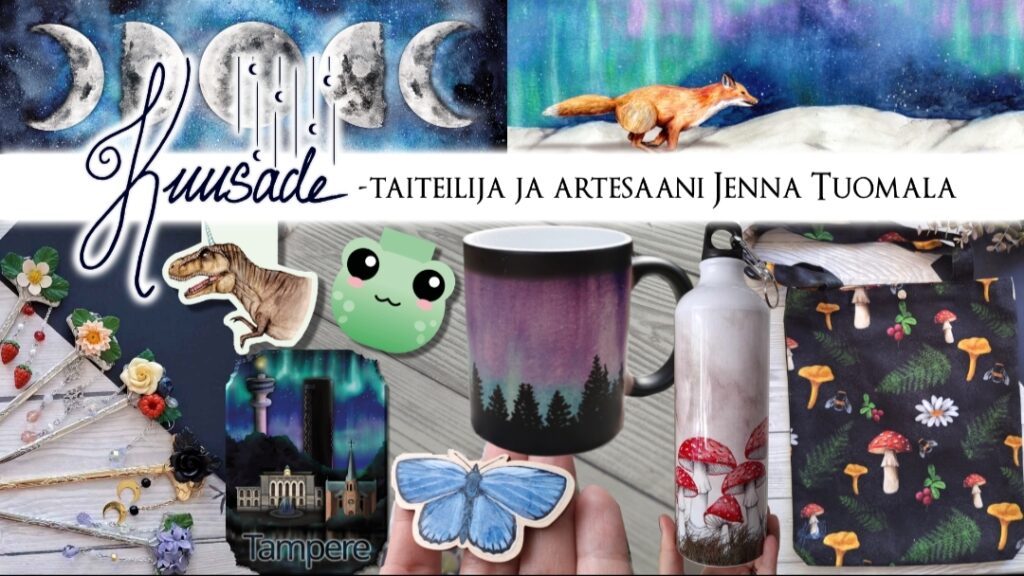 Products illustrated by Kuusade: mugs, stickers, bags, and jewelry.